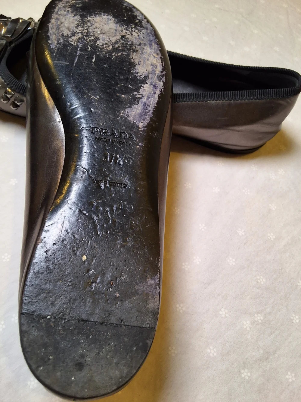Prada Black Embellished Leather Ballet Flats with Crystal Accents